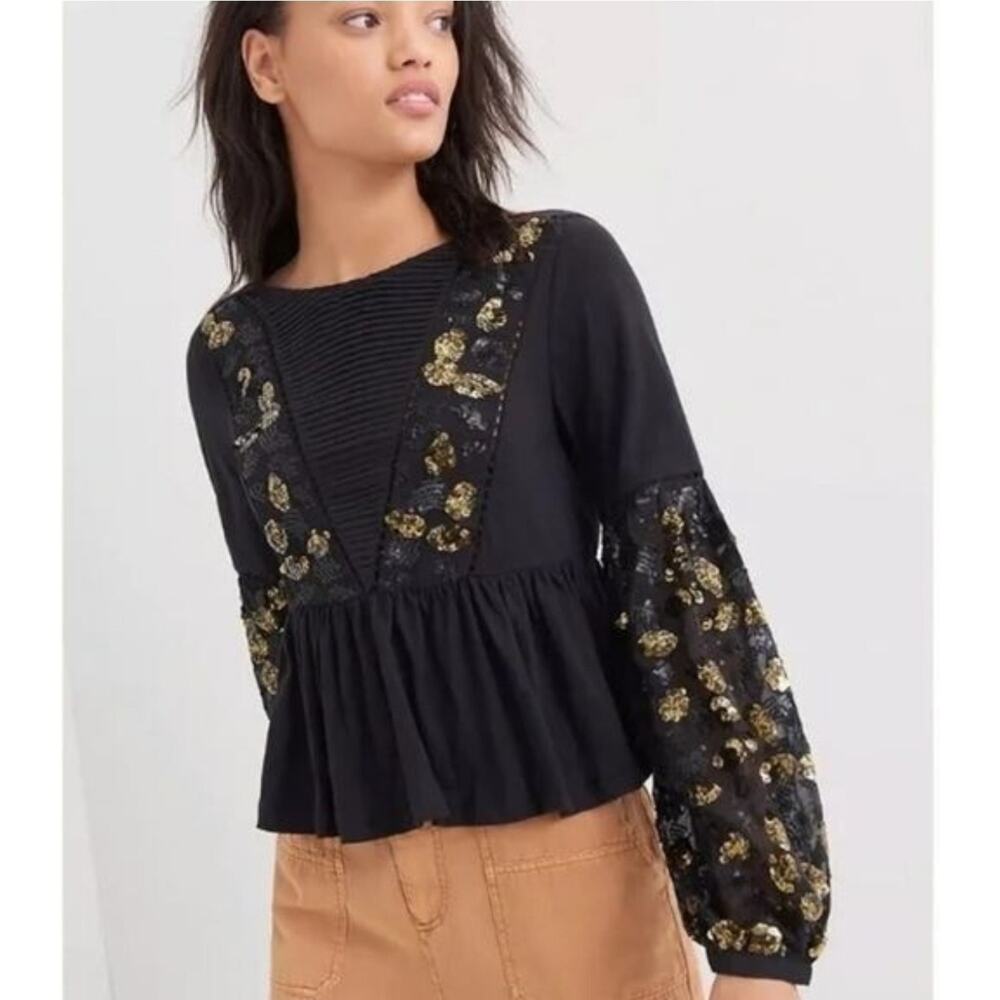 Anthropologie Neale Sequin Black Gold Peplum Cotton Blend Top Medium